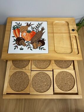 Vintage 1970s Wooden Charcuterie Cheeseboard Serving Tray with Cork Coasters